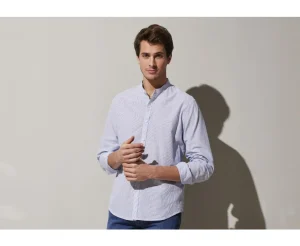 Bexley Chemises À Rayures*Chemise Coton Lin A Rayures Fines Bleues Foncees Et Blanches Colbert Bleu Et Blanc