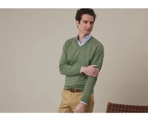 Bexley Pulls En Coton Bio/Cachemire*Pull Fin Homme Col V Coton/Cachemire Sauge Chine Valton Vert Sauge Chine